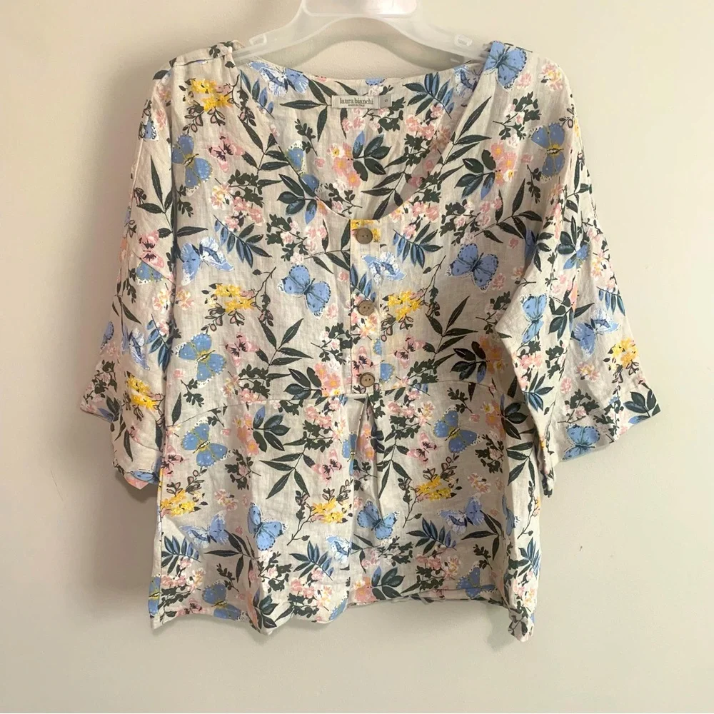 Laura Bianchi Italy Floral 100% Linen Tunic Top - Picture 1 of 11